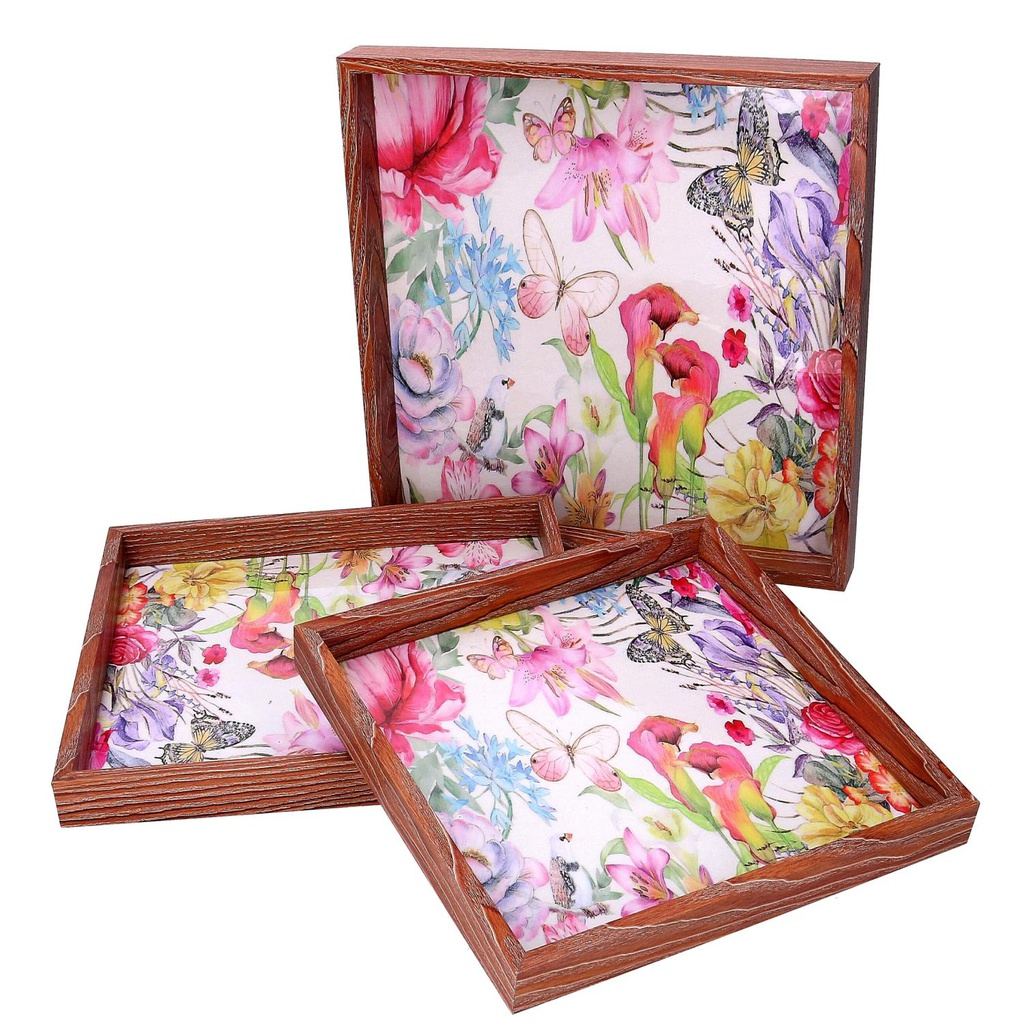 Vassoio legno 1-3 fiori rosa bordo marrone cm30x30h3,3