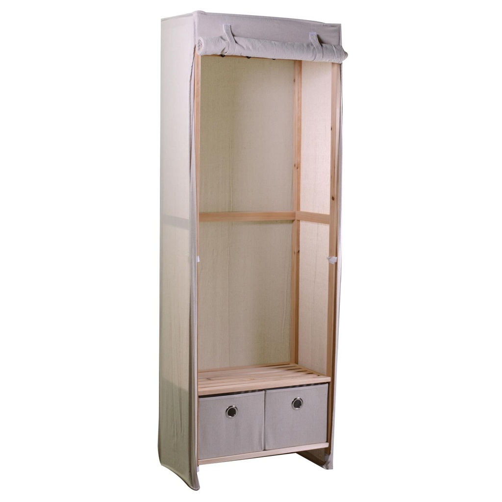 Armadio legno e stoffa 2 cassetti legno naturale rettangolare 58x36x268h cm