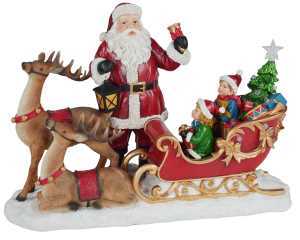 Babbo natale resina led con renna e slitta rosso cm38,5x17,5h27