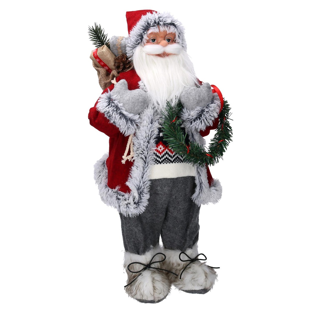 Babbo natale tessuto con regali e ghirlanda grigio rosso cm30x17,5h65