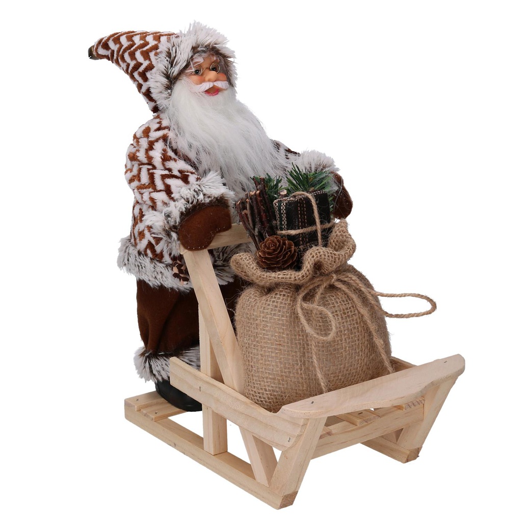 Babbo natale tessuto su slitta con lanterna marrone cmh30