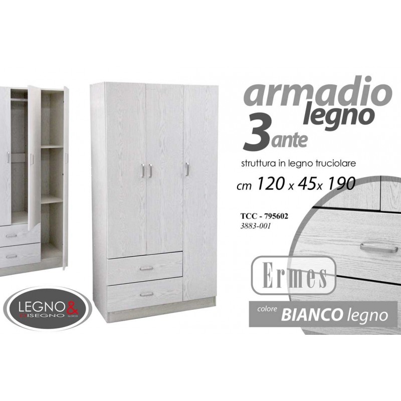 Armadio tre ante bianco con cassetti cm 120 x 52 x 190 h
