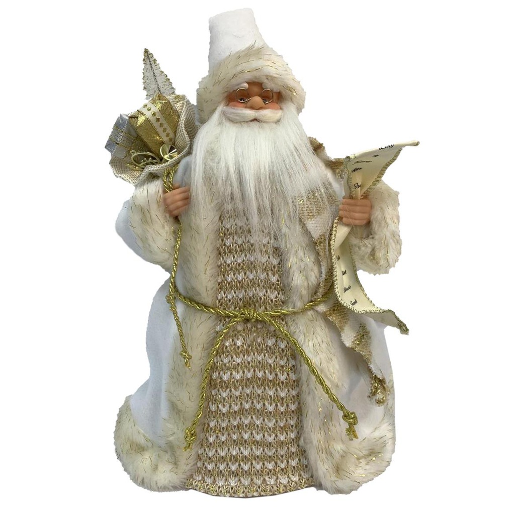 Babbo natale puntale tessuto con regalibianco oro cm20x11h30