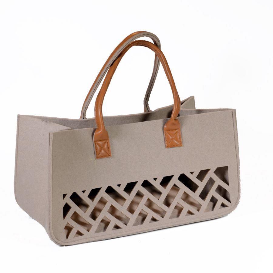 Borsa feltro crema c/manici noce traforato cm40x20h26