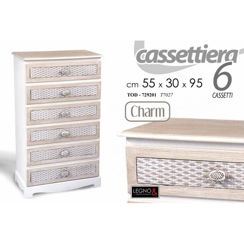 Cassettiera 6 posti bianco shabby e beige cm 55 x 30 x 95 h
