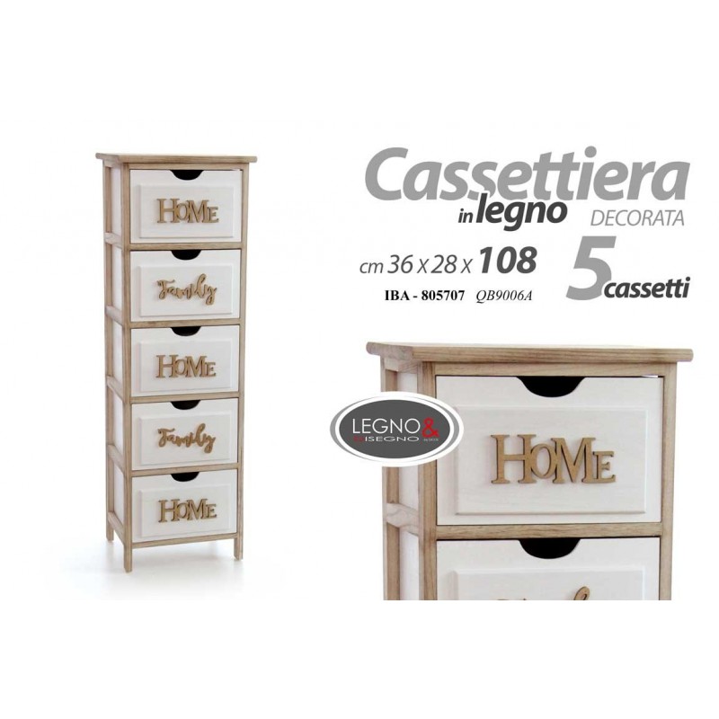 Cassettiera Home Family bianco legno 5 cassetti cm 36 x 28 x 108 h