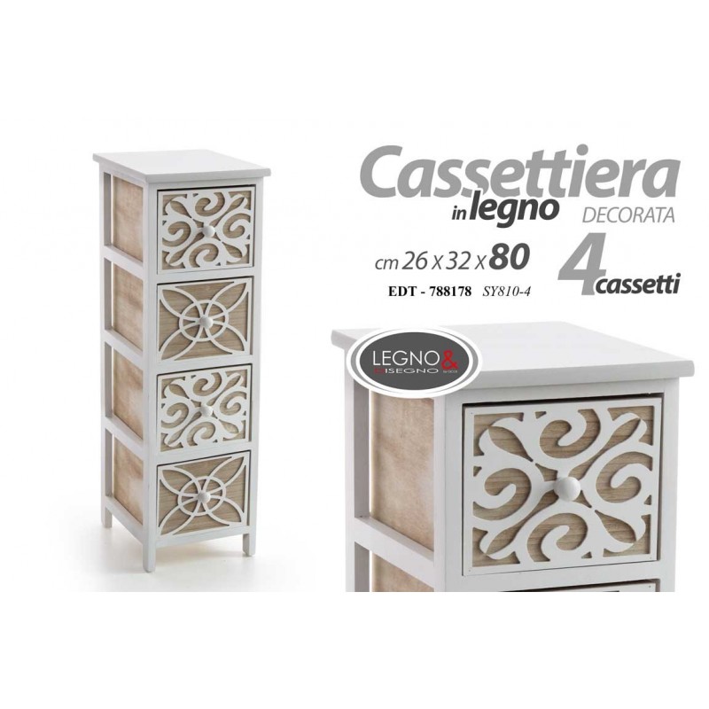 Cassettiera multiuso bagno cucina 4 cassetti in legno cm 26 x 32 x 80 h