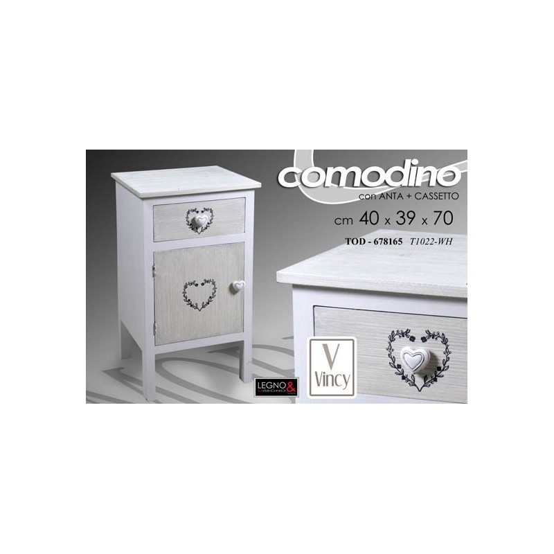 Comodino bianco camera shabby con cassetto ed anta cm 40 x 39 x 70 h