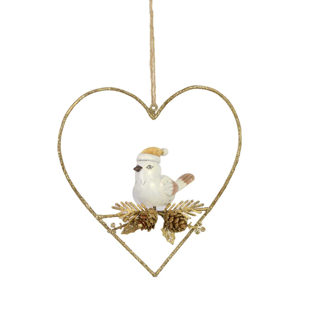 Cuore metallo con uccellino oro cm12x11x5