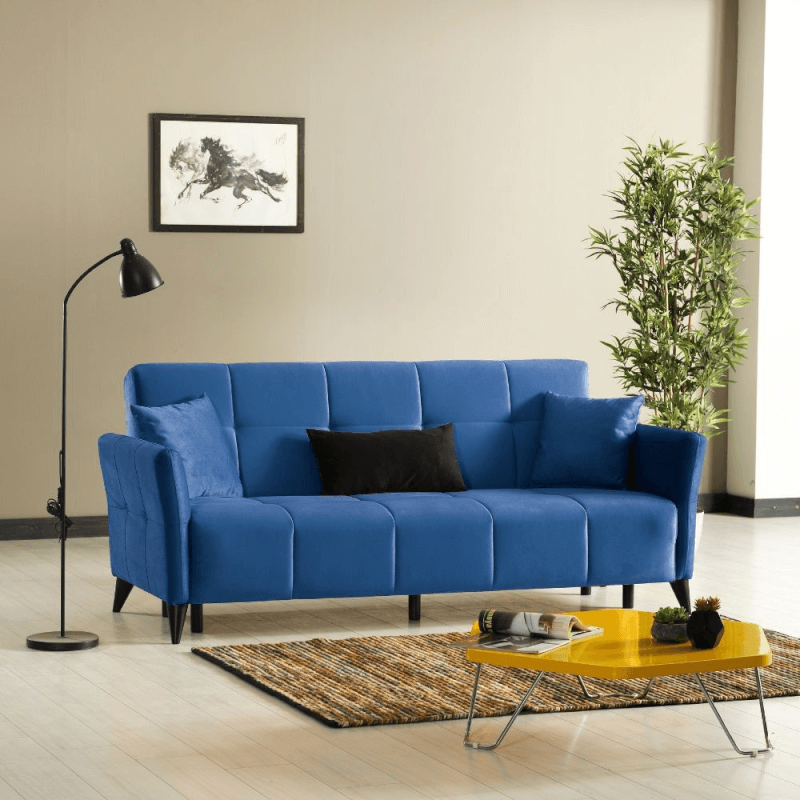 Divano Levy 3 posti in tessuto blu con contenitore e letto