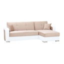 Divano letto ecolpelle bianco e tessuto beige con penisola a destra 240x140xh.88 cm