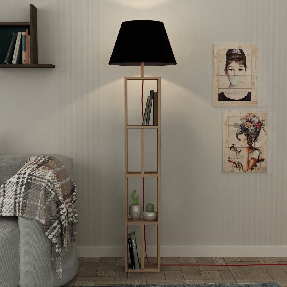 (2c) Lampada da Terra con Libreria Rovere e Parlume Nero 23,5x15x163,5 cm