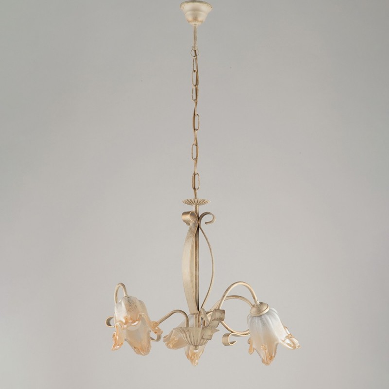 Lampadario cucina in ferro Avorio Oro tre luci paralumi Ambra 51x h43 cm