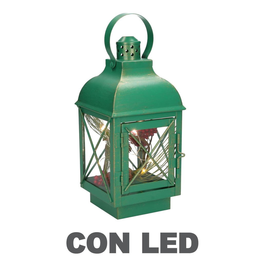 Lanterna metallo verde con led quadro cm11x11h24