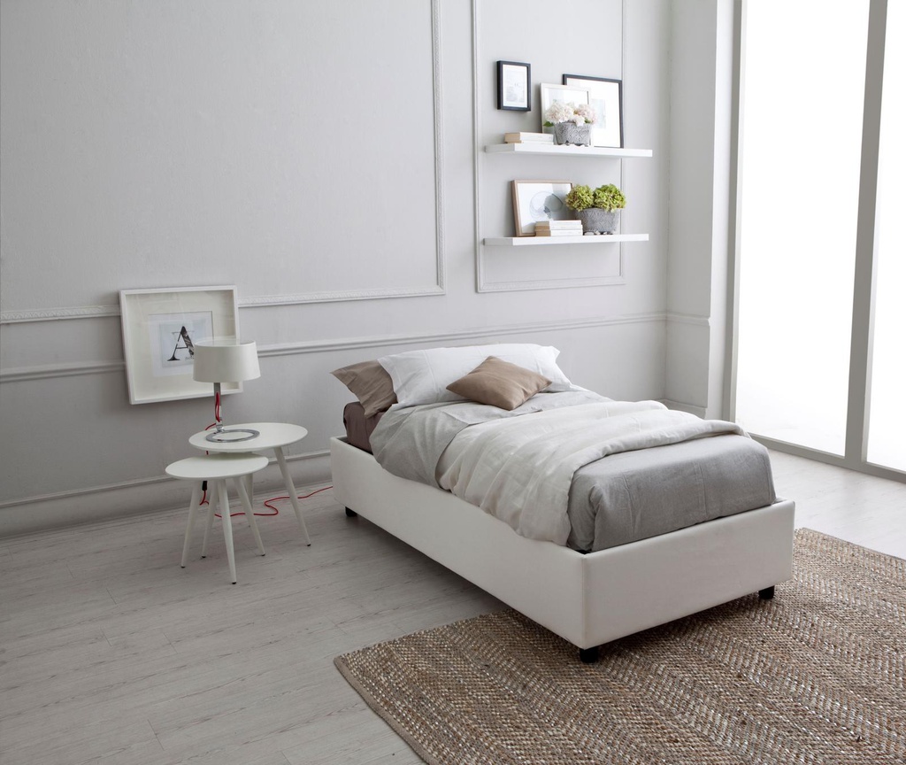 Letto singolo con struttura in legno e similpelle bianco 98x205x26h cm