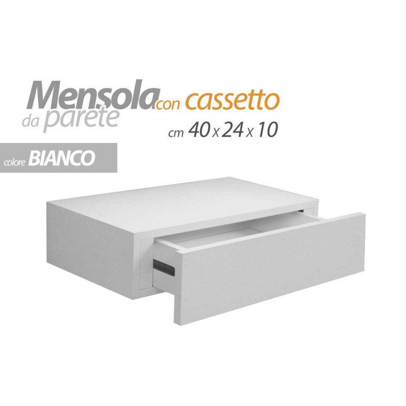 4x Mensola bianca a muro con cassetto nascosto cm 40 x 24 x 10 h