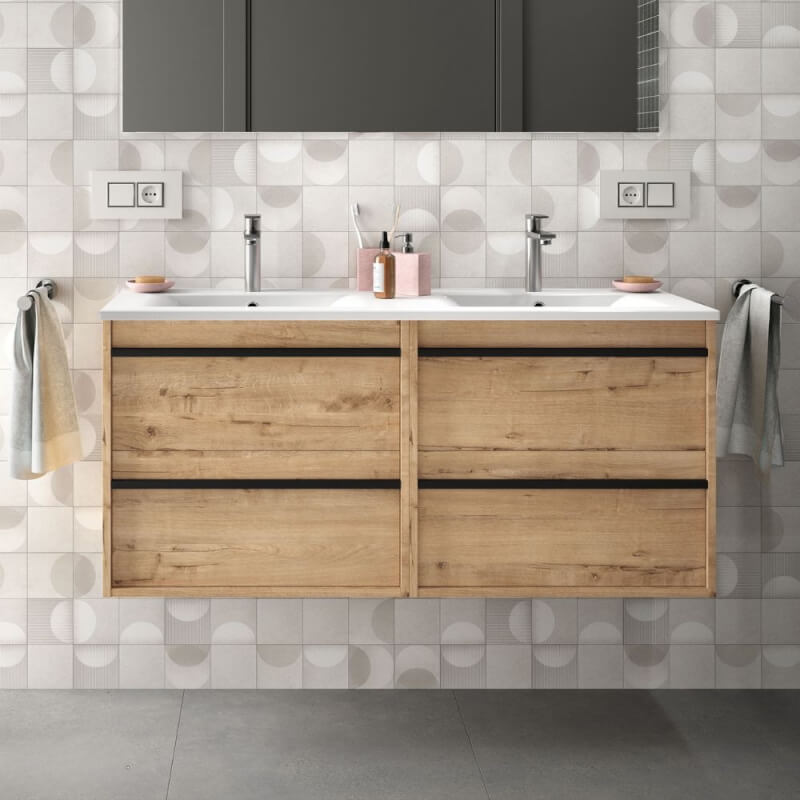 (3c) Mobile bagno sospeso Ador120 rovere ostippo doppio lavabo 4 cassetti 120x45x54h