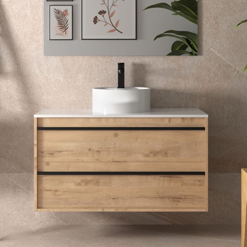 (3c) Mobile bagno sospeso Nuar100 rovere ostippo lavabo appoggio 2 cassetti 100x45x54h