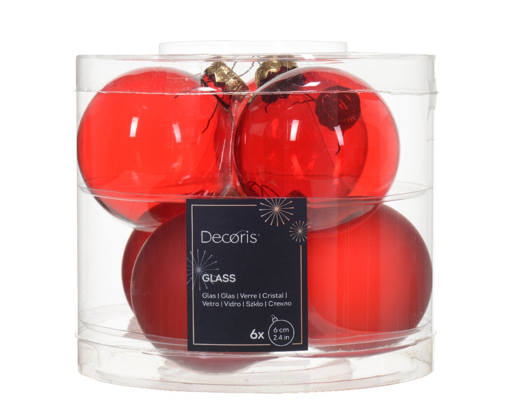 Box Da 6 Palline Di Natale Di Vetro Trasparente Lucida Colore Rosso Natalizio Ø 6Cm