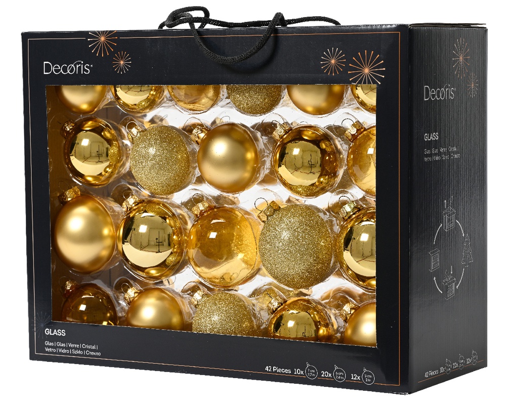 Box Da 42 Palline Di Natale In Vetro Lucide Opache Con Glitter E Trasparenti Miscelate Colore Oro Chiaro Ø 7Cm