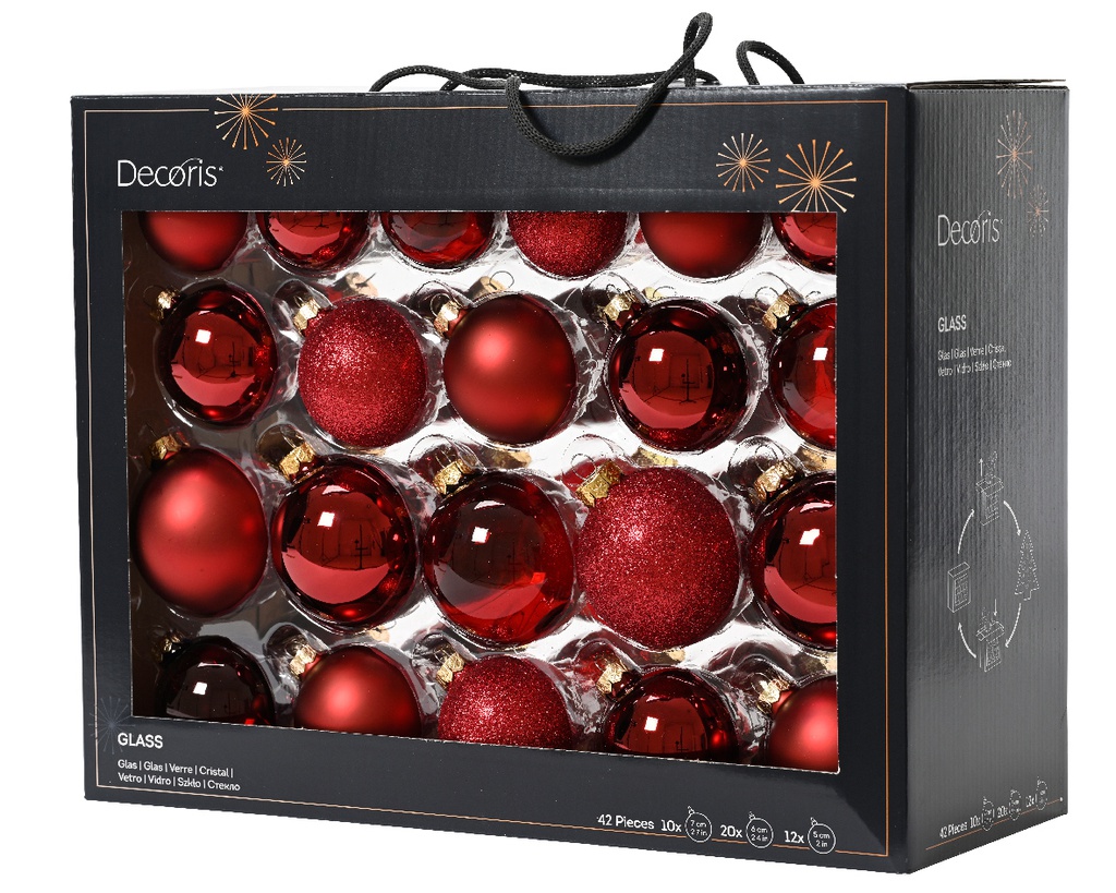 Box Da 42 Palline  Di Natale In Vetro Lucide Opache Con Glitter E Trasparenti Miscelate Colore Rosso Scuro Ø 7Cm