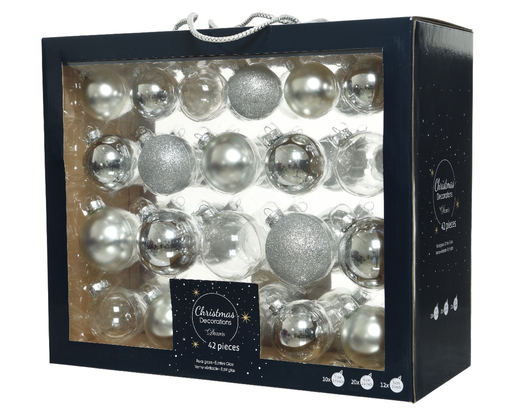 Box Da 42 Palline Di Natale Palloncini Di Vetro Lucidi Opachi Glitterati Trasparenti Misti Colore Argento Ø 7Cm