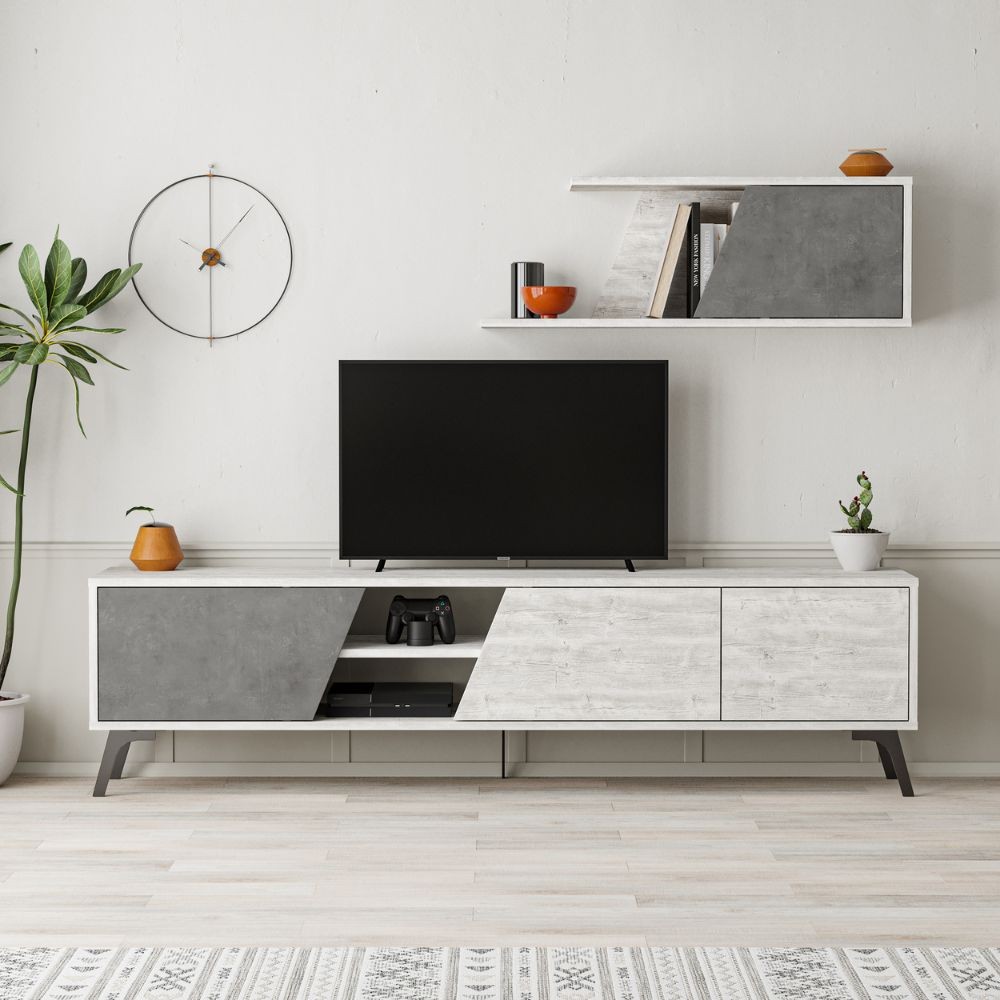 (3c) Porta TV Fiona Bianco Vintage con Anta Retro Grey e Mensola H 48 x P 35,60 x L 180 cm