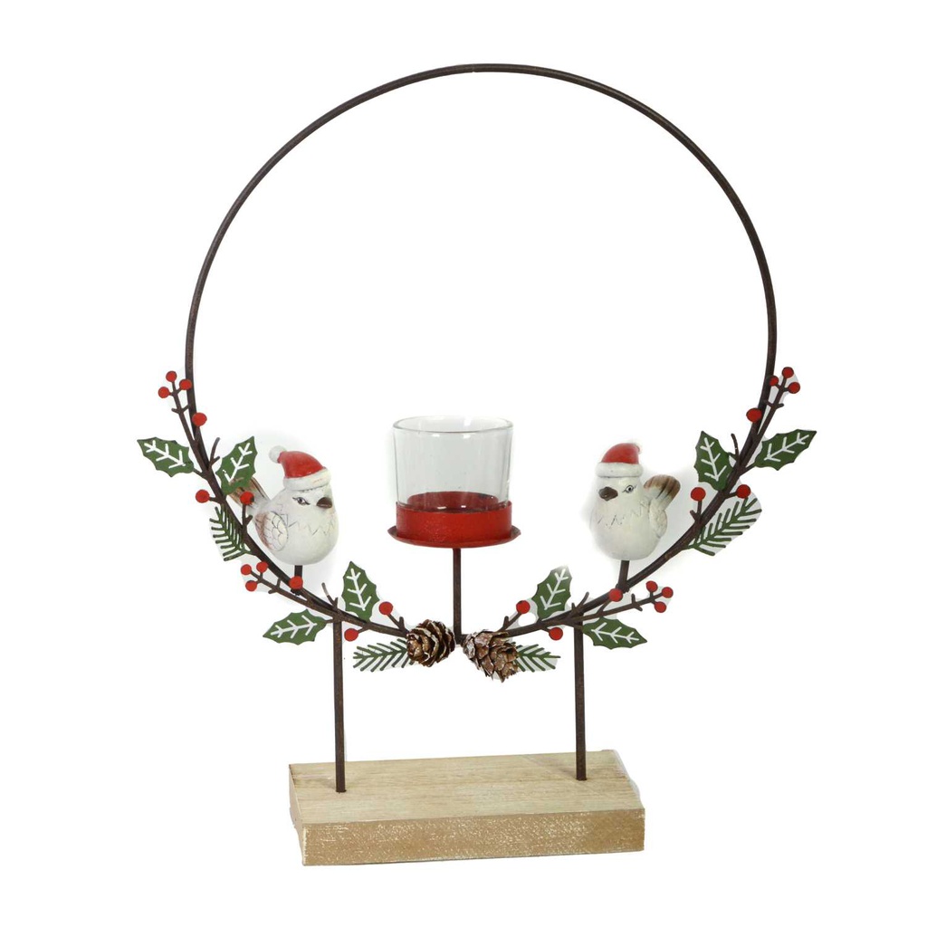 Portacandele metallo con uccellini rosso cm29x7h35