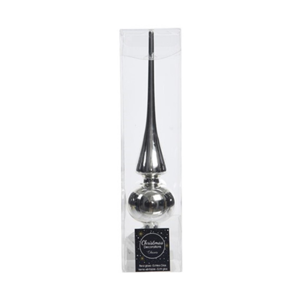 Puntale in vetro colore argento lucido 26 centimetri x 6 centimetri diametro