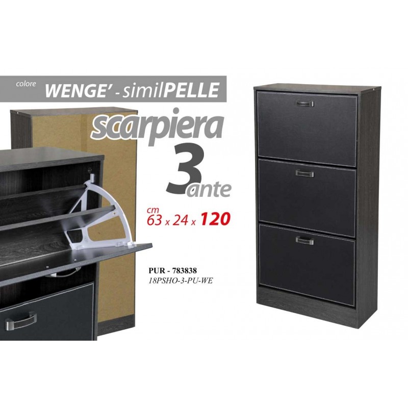 Scarpiera moderna grigia 3 ribalte ecopelle cm 63 x 24 x 120 h slim