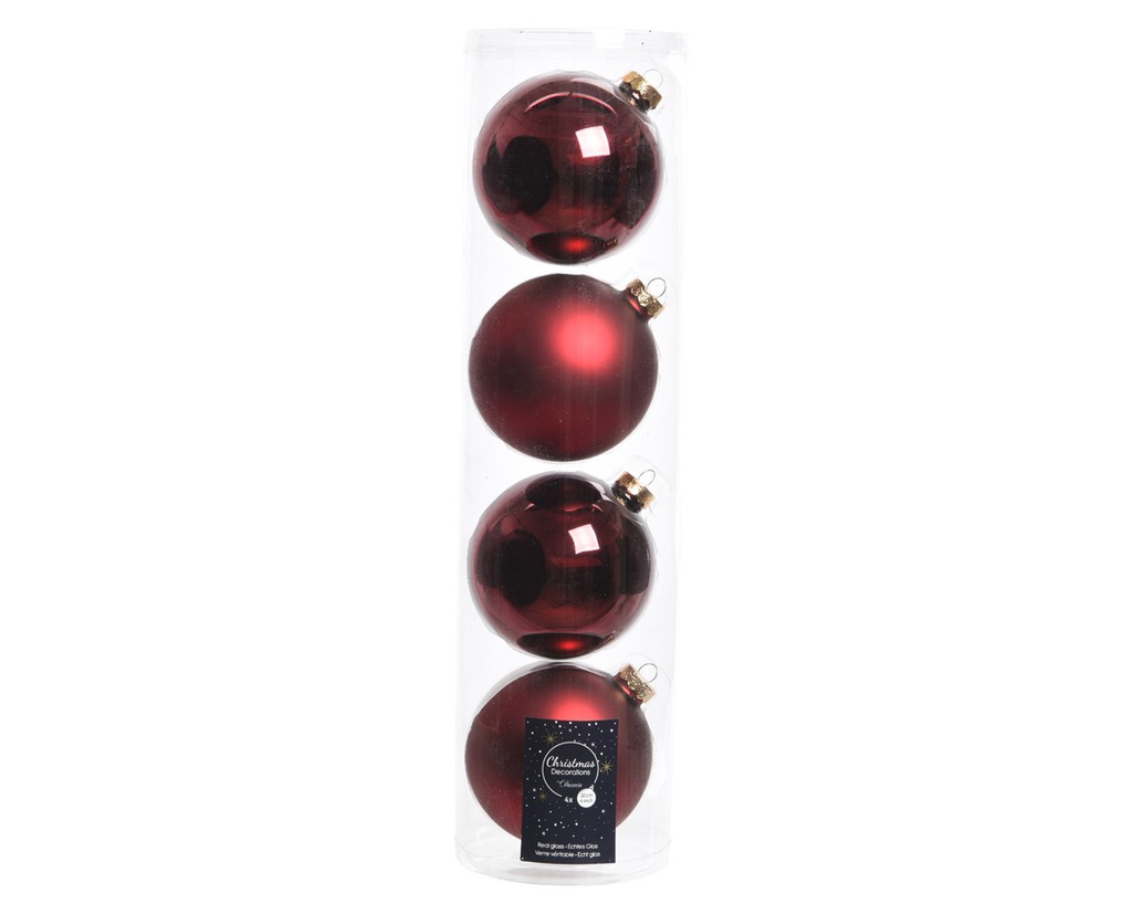 Set  4 palline vetro natalizie rosso scuro   satinato lucido cm 10