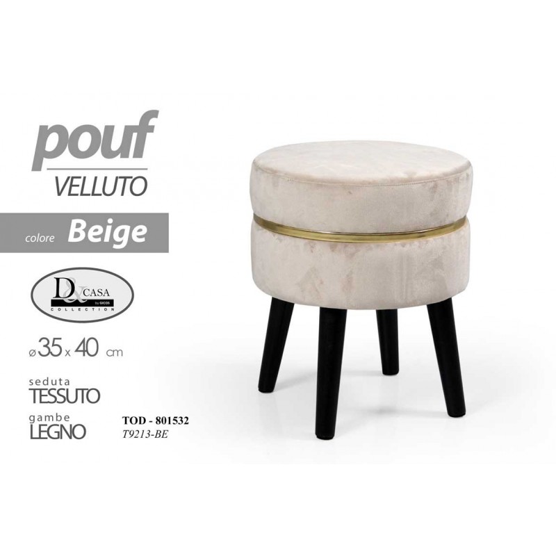 Sgabello in tessuto velluto con gambe in legno pouf beige