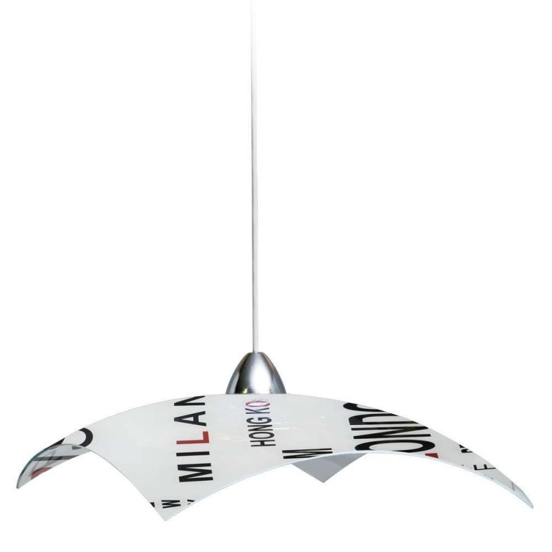 Sospensione in lastra di vetro bianco decorato capitali 40xh.18 cm