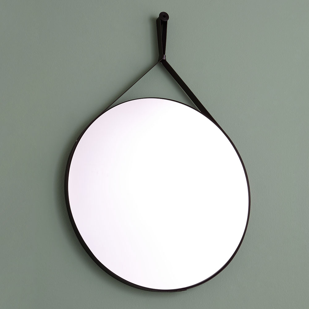 Specchio bagno rotondo con laccio pelle nera
