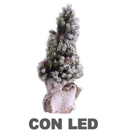 [V6093610000] Albero mottarone verde innevato con led, pigne e base juta cm h45