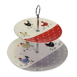 [V5857070000] Alzata ceramica bianco 2 piani galline tondo cmø26h25