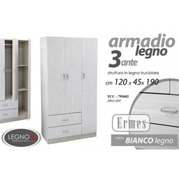 [GIC795602] Armadio tre ante bianco con cassetti cm 120 x 52 x 190 h