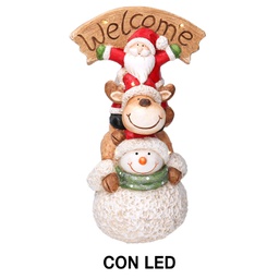 [V6168410000] Babbo natale led resina con renna e pupazzo cm27,5x20h48