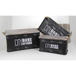 [GIC791734] Bauli contenitori in latta coperchio legno industrial City Home pz 3