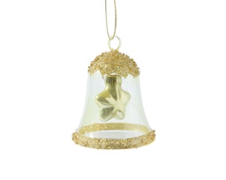 [20102343] Campana di vetro trasparente con glitter d'oro e perline L 6.2 x P 6.2 x H 7.5 cm