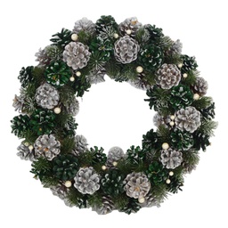 [V6327290000] Coroncina con pigne argento verde cm ø30