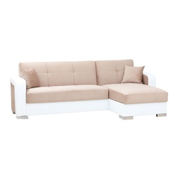 [EFFEZ84112] Divano letto ecolpelle bianco e tessuto beige con penisola a destra 240x140xh.88 cm EFFEZ
