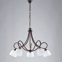 [BL217-5-RG] Lampadario ferro Nero ruggine cinque luci paralumi vetro Alabastro bianchi 69x h52 cm