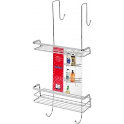 [FER160025-B] Mensola doccia rettangolare con ganci cromata, 2 ripiani per bagno, dimensioni 26x21x60cm.