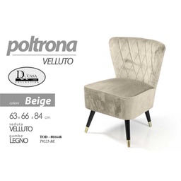 [GIC801648] Poltrona da camera in velluto beige cm 63 x 66 x 84 h