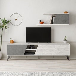 [FZ99524] (3c) Porta TV Fiona Bianco Vintage con Anta Retro Grey e Mensola H 48 x P 35,60 x L 180 cm