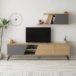 [FZ99523] (3c) Porta TV Fiona Rovere con Anta Antracite e Mensola H 48 x P 35,60 x L 180 cm