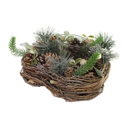 [V6327860000] Portacandele con pigne e bacche bianchecm19x19h9,5