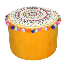 [V25067500GI] Pouff in velluto giallo arancione con pompon