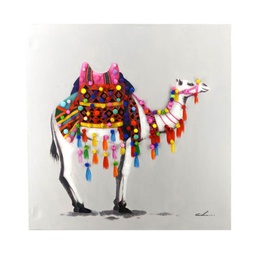 [1927447] Quadro dipinto cammello 3D pompon 80x80x3,5 cm.